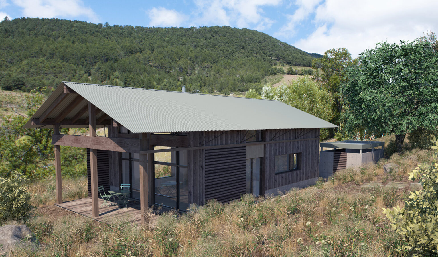 Construction d'une maison en ossature bois et toiture bac acier
